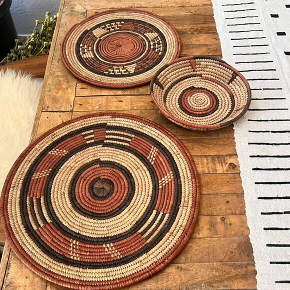 Set Of 3 African Fulani Mbeedu Rounded Flat Bowl Woven Baskets Boho